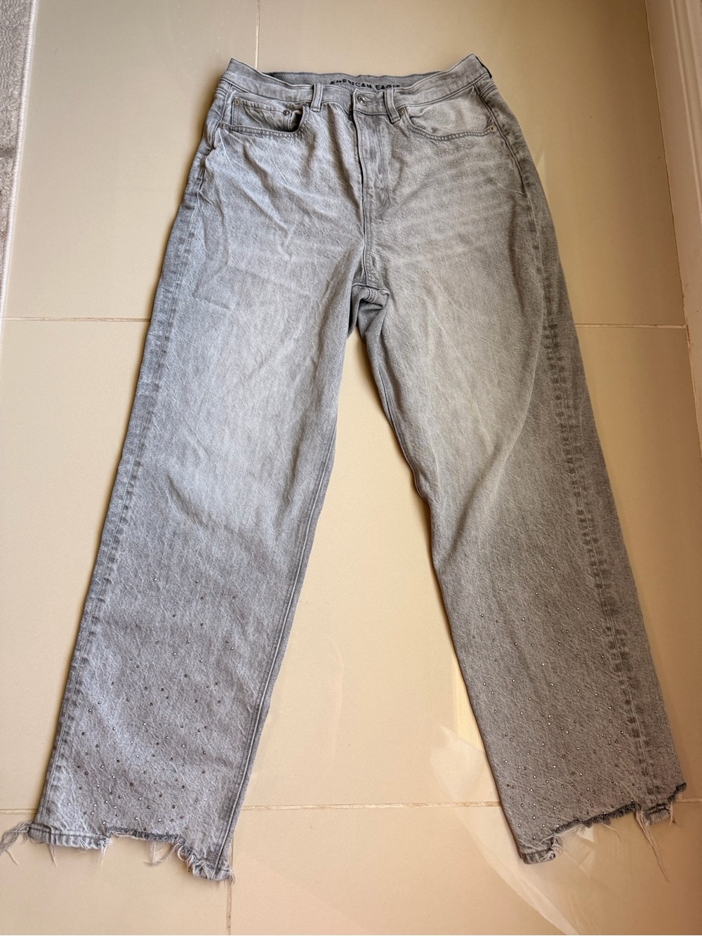 American Eagle Womens 12 Regular Gray Rhinestone Baggy Wide Leg Jeans High Rise